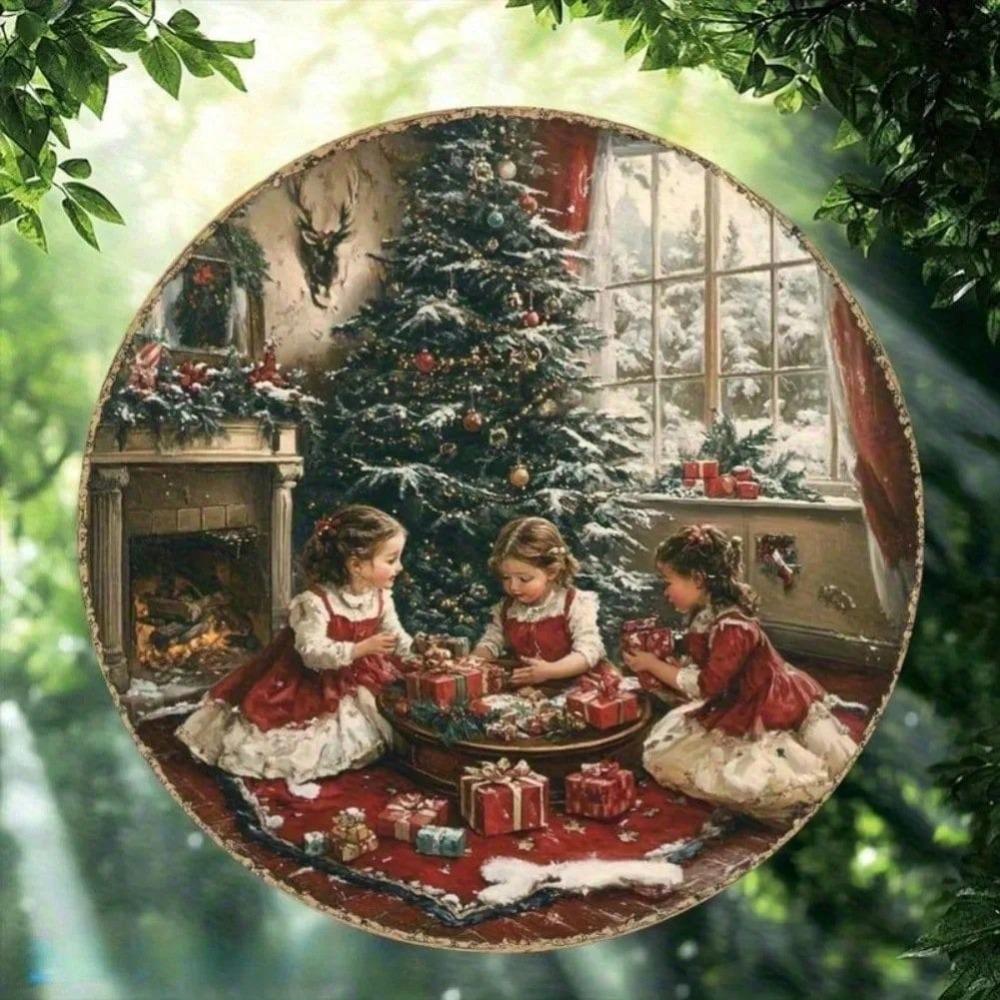 Vintage Christmas Circular Wall Tin Sign Retro Metal Poster Home Kitchen Decor