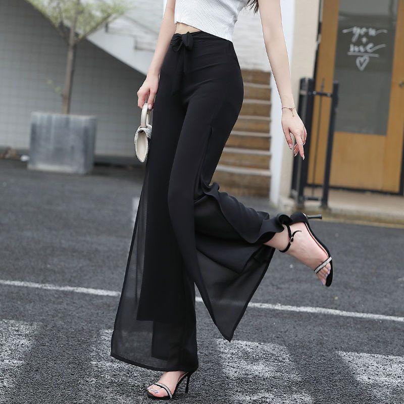 Elegant Fashion Harajuku Slim Fit Female Clothes Loose Casual All Match Chiffon Wide Leg Pants High Waist Split Skirt Pants