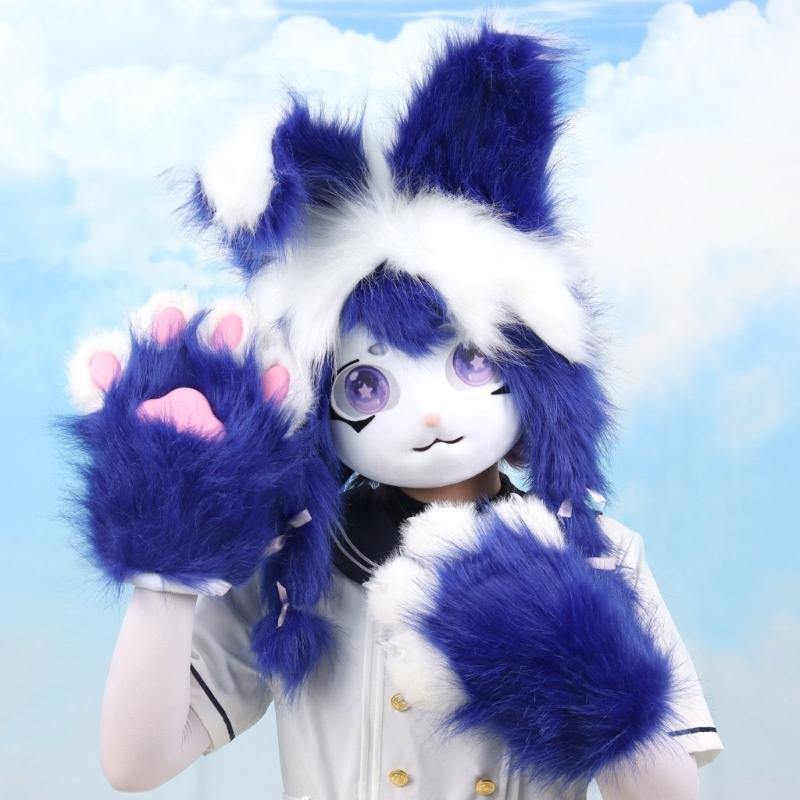 Futrzana Głowa Zwierzęcia Królik Fursuit Maska Wycięta Halloweenowa Bal Maskowy Cosplay Kostium Akcesoria Nakrycie Głowy Królika dla Dzieci Dorosłych