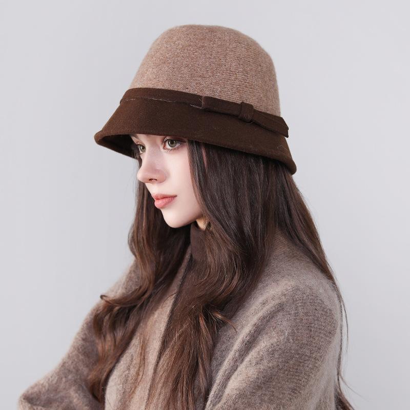 Hepburn Style Wool Hat for Women In Autumn and Winter New French Retro Bow Basin Hat Elegant Warm Fisherman Hat
