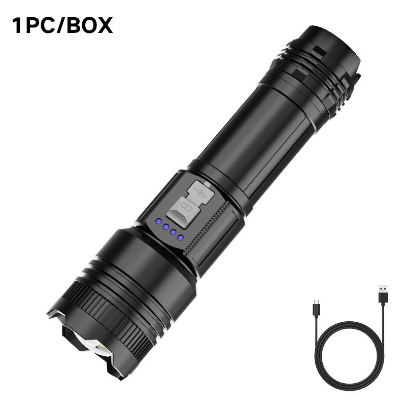 Strong and ultra bright long-range flashlight with adjustable zoom and multiple levels of focus, floodlight, and long-range lase