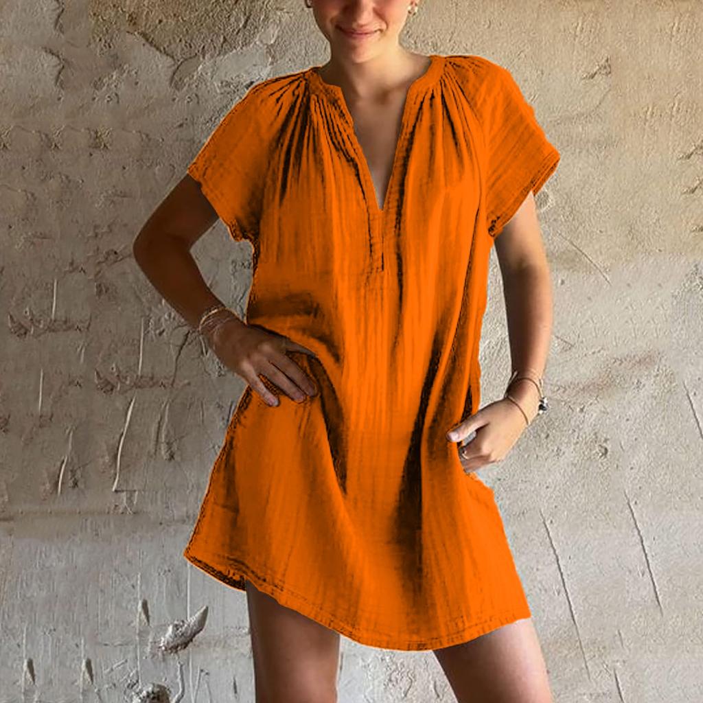 Women's Fashion Casual Slim Short Sleeve V-Neck Pleated Straight Dresses