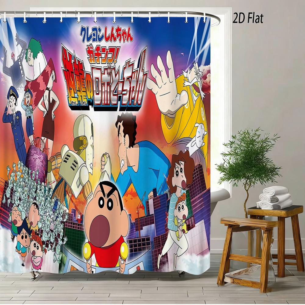 Crayon Shin-Chan The Movie Ora To Hakase No Natsuyasumi 2D Print Waterproof Shower Curtain, Blue Anime Bathroom Decor With Hooks