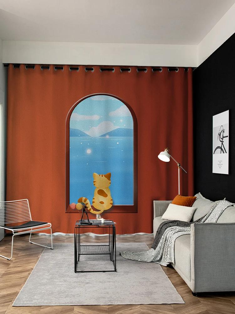 Cartoon Adorable Cat Print Pattern High Shading Drape Children's Bedroom Space Window Opening Drape Hook Top Ring New A Variety of Styles 2 Panels4
