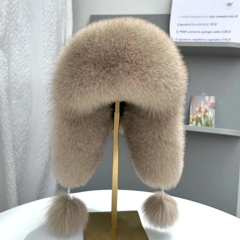 Women's ear-protecting fox fur hat fashion Luxurious real fox fur bomber hat Girls winter outdoor soft sheepskin leather hat