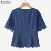 ZANZEA Women Casual Round Neck Short Sleeve Lace Crochet Patchwork Blouse