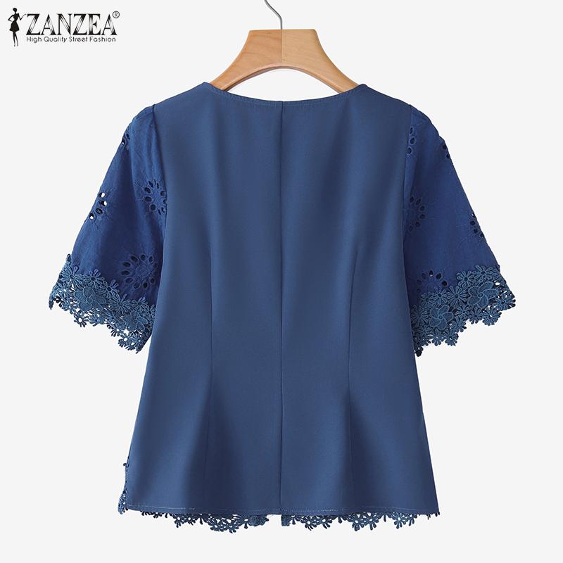 ZANZEA Women Casual Round Neck Short Sleeve Lace Crochet Patchwork Blouse