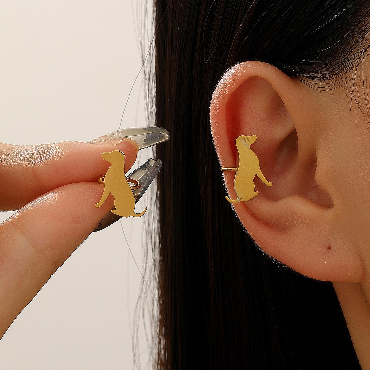 

LATS Cute Cat Dog Paw Clip Earrings for Women Gold Color Plated Stainless Steel Non-Piercing Ear Clips Trend Zircon Gift