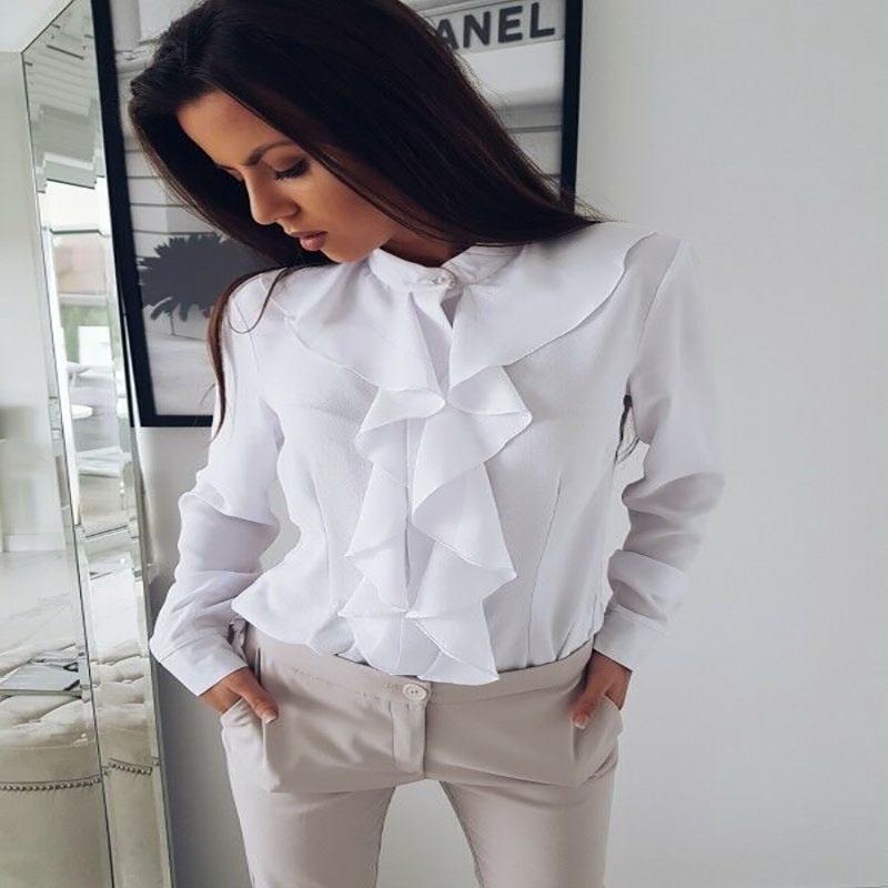 Elegant Womens Ruffle Summer Long Sleeve Solid Plain Blouse Shirt For Office Wear