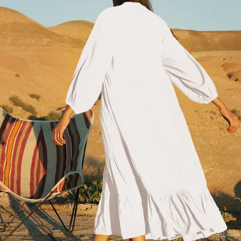 Women's Fashion Spring Fall Solid Color Print Long Sleeve V-Neck Loose Waistline Casual Dresses