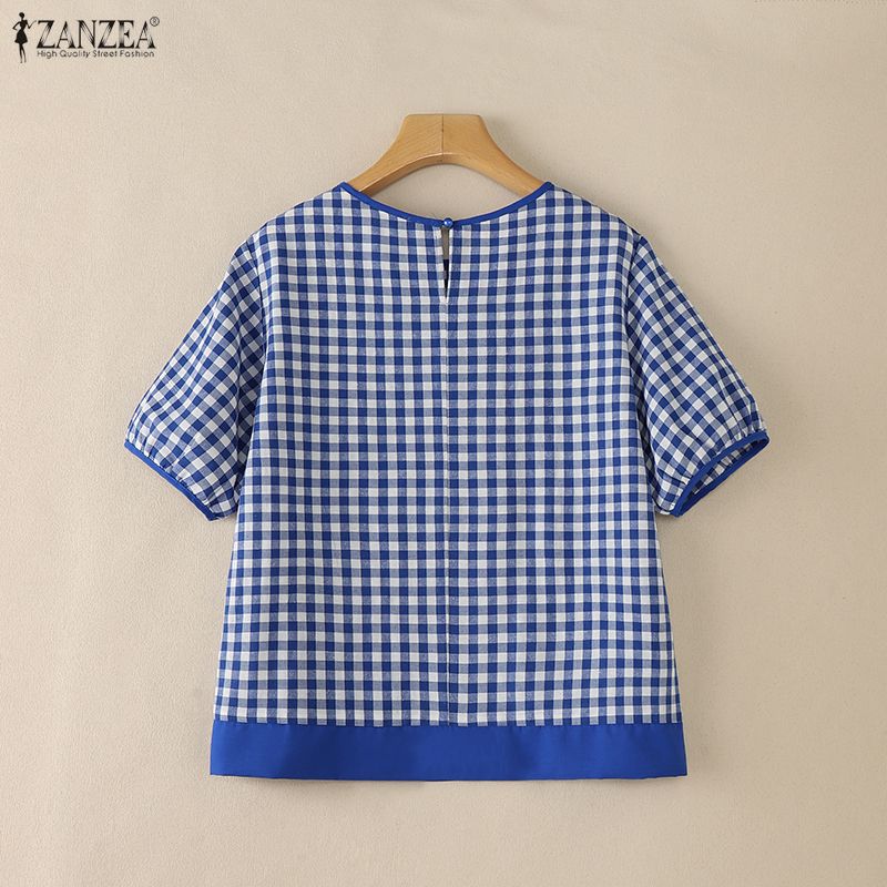 ZANZEA Women Grid Print Casual Round Neck Loose Short Sleeve Blouse