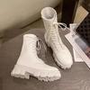 Petite Women's White High-Top Martin Boots, Thick-Soled British Style Mid-Calf Shoes for Spring and Autumn 2025.