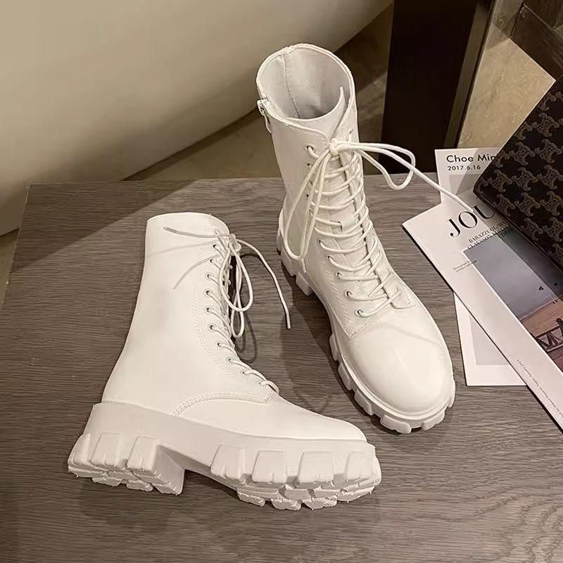 Petite Women's White High-Top Martin Boots, Thick-Soled British Style Mid-Calf Shoes for Spring and Autumn 2025.