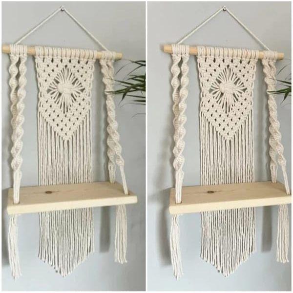 Muizz Macrame Wall Hanging Shelf, Wood & Cotton Rope, Ivory, Handcrafted Home Decor