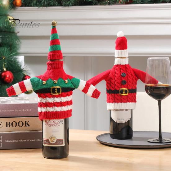 Weihnachts-Weinflaschenhülle, gestrickter Weihnachtsflaschenpullover mit Weihnachtsmannmütze für Wein, Champagner und Bierflaschen, Weihnachtsfeier-Dekoration