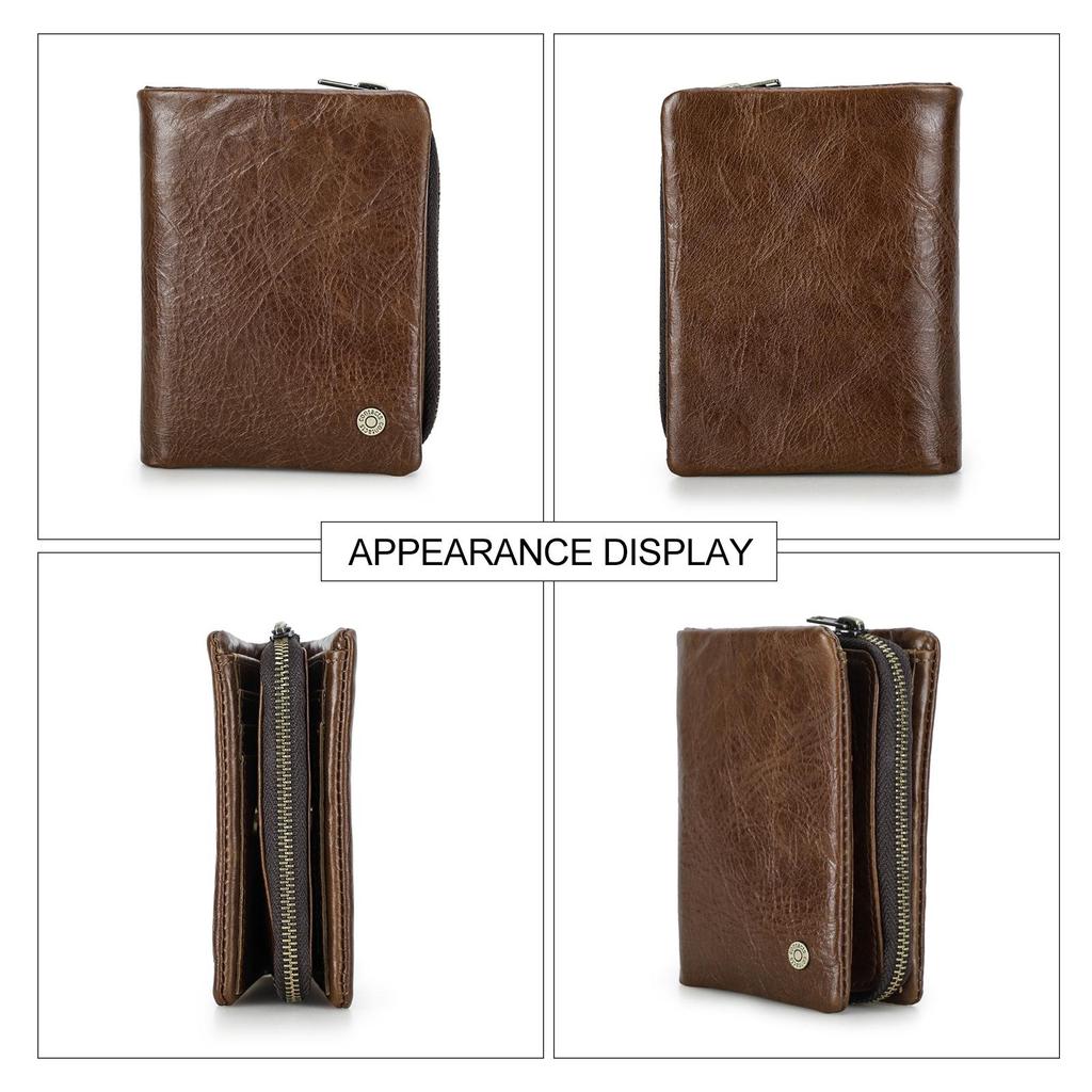 Men Genuine Leather Bifold Short Wallet RFID Blocking Zipper Coin Pocket