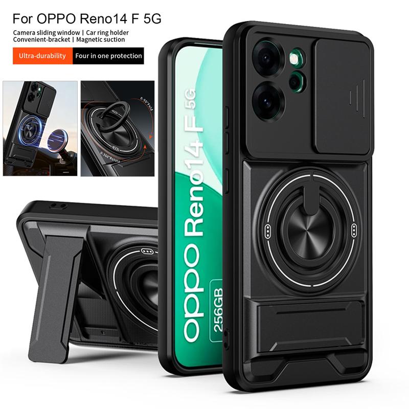Para OPPO Reno 14F 5G Funda Soporte de Anillo Magnético Pata de Apoyo Trasera para Reno14F 14 F 5G Deslizador de Lente Protector de Cámara Funda