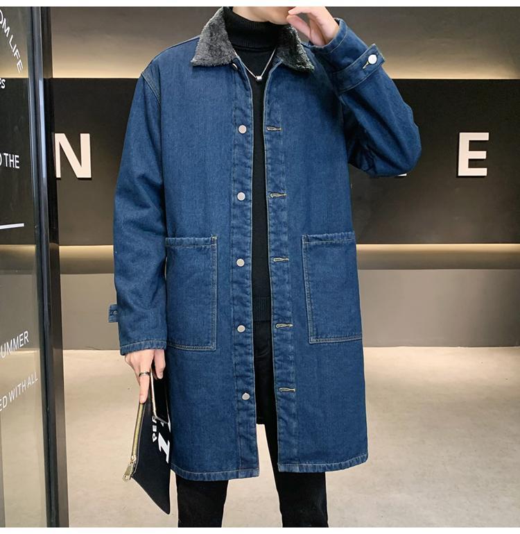 Men's Mid-Length Denim Trench Coat with Lamb Wool Lining - Winter Plus Size Loose Fit
