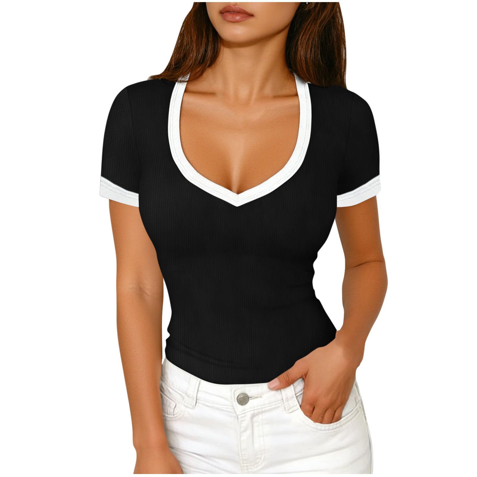 Women Short Sleeve V Neck Fitted T Shirt Trim Ribbed Knit Top for Casual Daily Wear S to XL XL чёрный