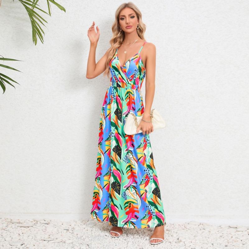 Abiti casual a vita alta con scollo a V senza maniche con stampa floreale primaverile alla moda da donna