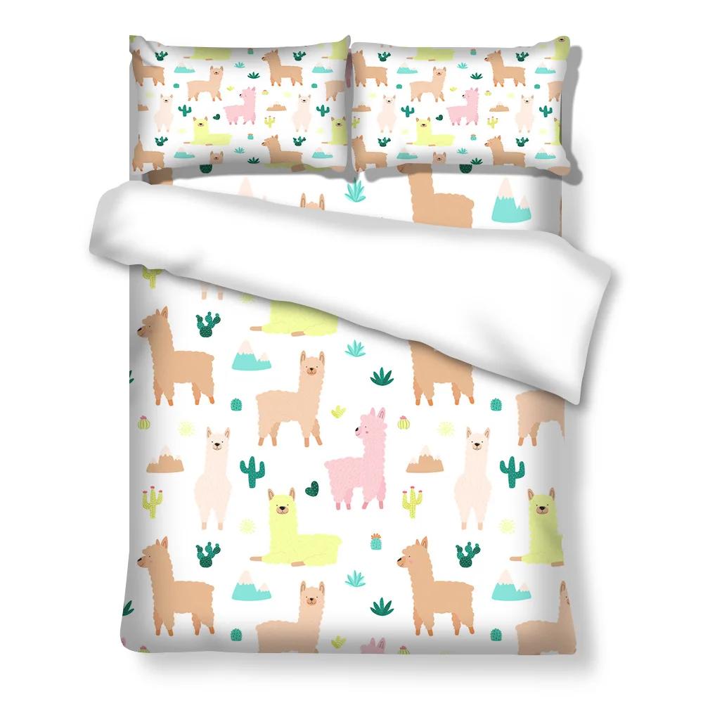 Cartoon Alpaca Duvet Cover King Queen Size Lovely White Animal Bedding Set for Kids Tropical Cactus 2/3pcs Polyester Quilt Cover