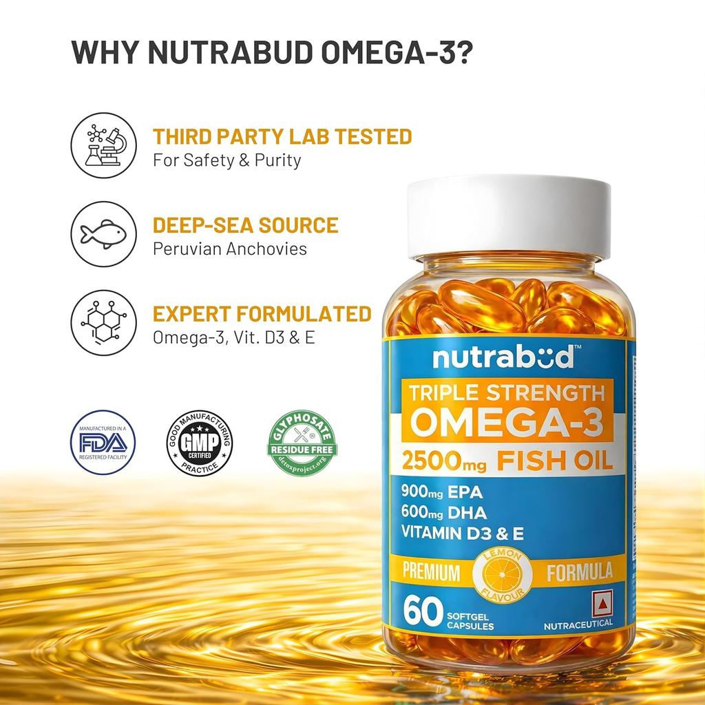 Nutrabud Omega 3 Fischöl Kapseln Dreifache Stärke 2500mg Nahrungsergänzungsmittel EPA DHA Zitronengeschmack Tägliches Wohlbefinden Packung mit 1 60 Stück