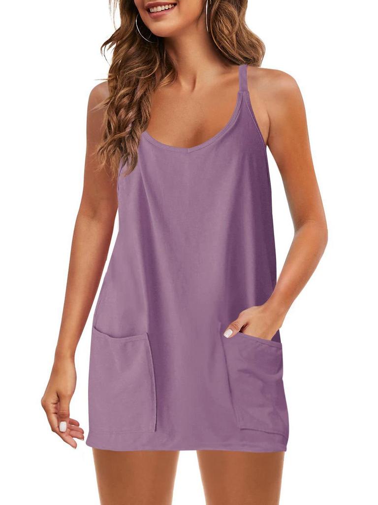 2025 Summer Sleeveless Solid Color Dress with Thin Straps & Pocket