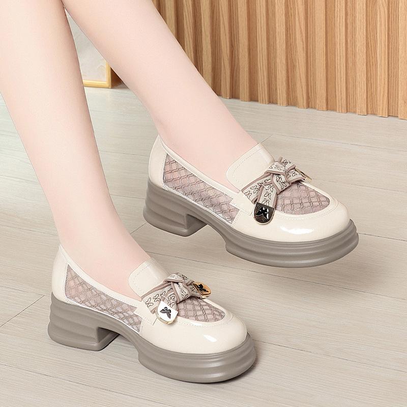 Fashion Casual Shoes For Women's Thin Hollow Mesh British Style Leather Shoes Versatile Thick Sole Women's Summer Single Shoes