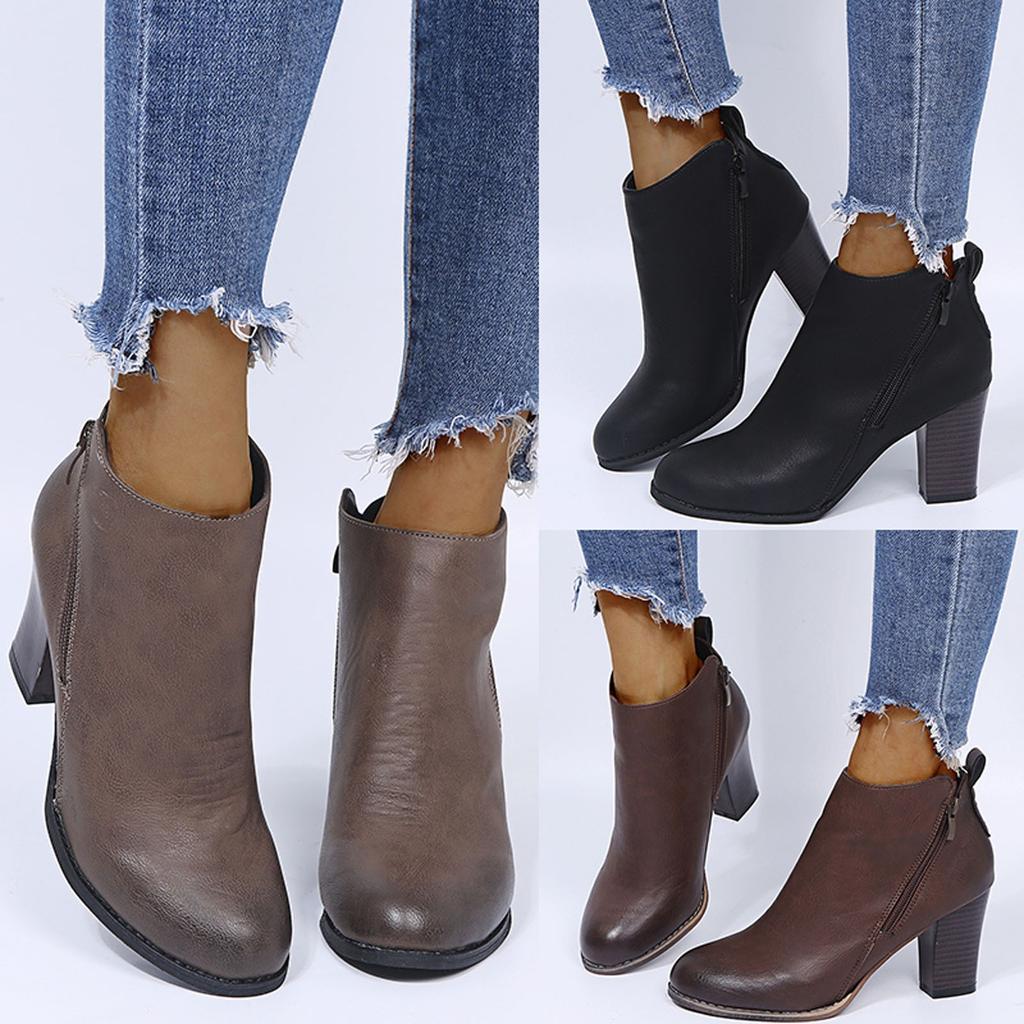 Retro Women Leather Square Heel Zipper Solid Color Short Booties Round Toe Shoes