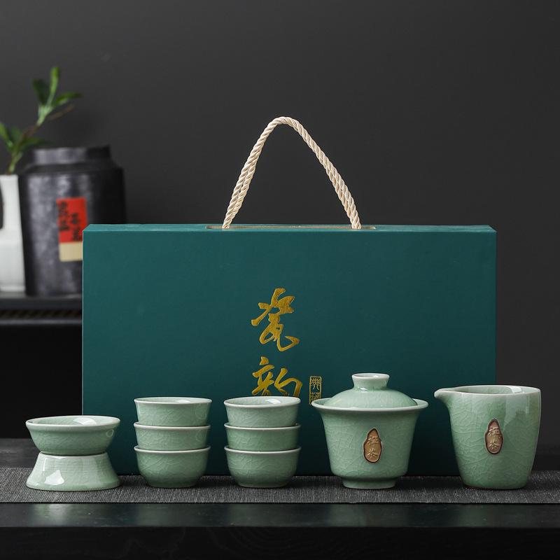 Ge kiln ten heads open ceramic kung fu tea set gift box set teacup light luxury company event gift