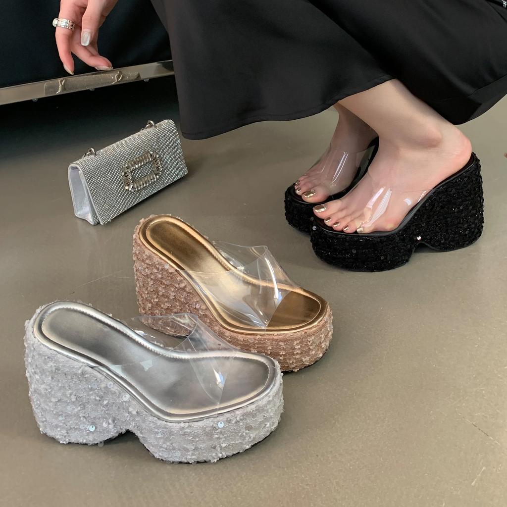 Eilyken PVC Transparen Open Toe Platform Wedges High Heels Women's Slipper Designer Bling Sequin Cloth Banquet Shoes