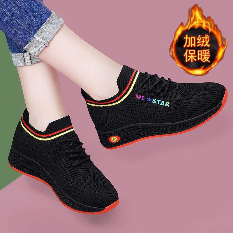 Flying woven elastic muffin shoes sports casual shoes flat black low-top sports shoes women's shoes