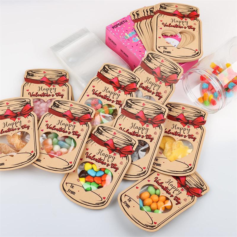 24/48pcs Set Kraft Candy Valentine's Day Drifting Card Set Clear Sealed Bags Valentine Exchange Cards For Classroom Party Favors