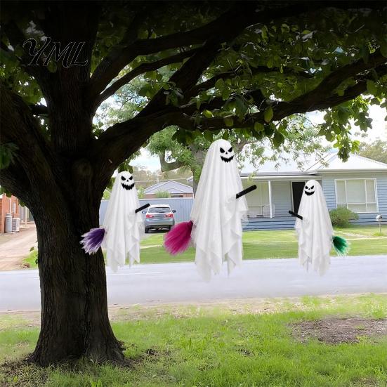 Remote Control Party Lights Halloween Lighted Hanging Ghost with Broom Decor, Flying Broomstick Ornaments Battery Operated Yard Lights, 8 Modes