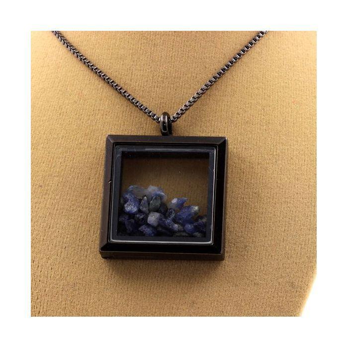 Stones and Minerals. Raw Benitoite Necklace. Square Model. Color Black.