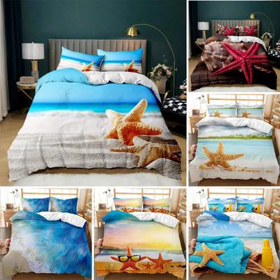 Beach Themed Bedding Set Blue Ocean Duvet Cover Set Starfish Coastal Bedding Beach QueenKingFull Polyester Comforter Cover