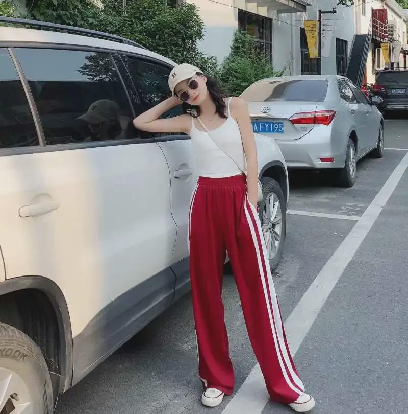 

Женские осенние полосатые брюки широкого кроя длиной до пола, большие размеры, высокая талия, 200 фунтов. 4XL красный