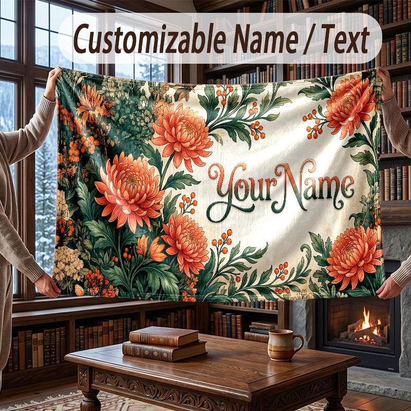 Floral Garden Theme Throw Blanket Custom Name Text Personalized Blanket Soft Cozy Blanket for Home Sofa Bed