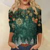 Women's Christmas Print 3/4 Sleeve Neck Loose Fit Casual Shirt