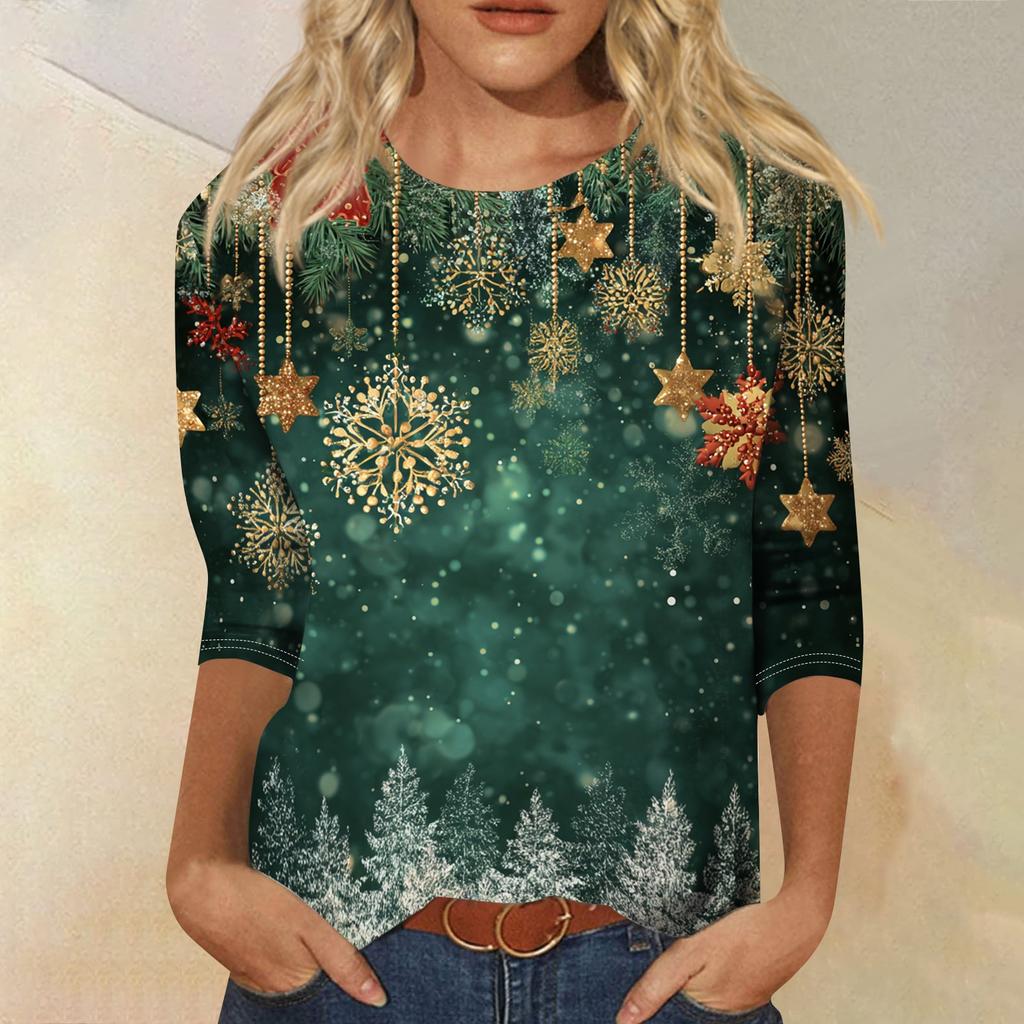 Women's Christmas Print 3/4 Sleeve Neck Loose Fit Casual Shirt
