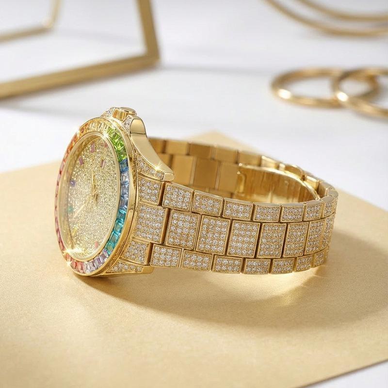 Luxury Gold Iced Out Men's Quartz Watch Rainbow Bezel Full Diamond Dial Hip Hop Bling Wristwatch for Men