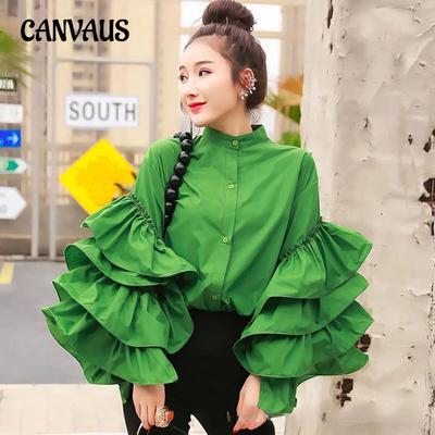 Stylish Shirt Women's Layered Ruffled Flared Sleeve Shirts Loose Stand-up Collar Tops