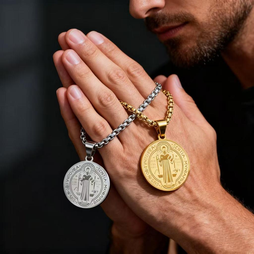 HNSP Stainless Steel San Benito Medal Pendant Chain Necklace Saint Benedict of Nursia Religious Accessories