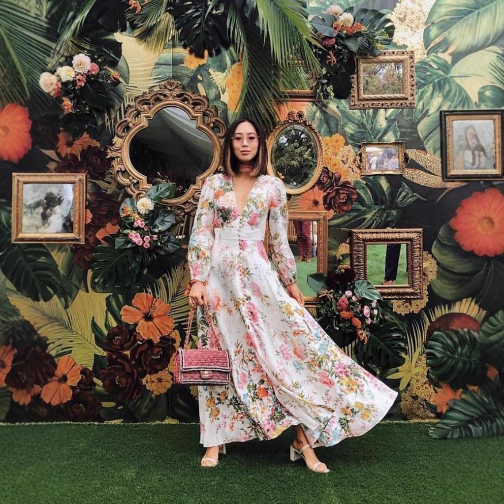 Spring and summer new romantic floral print deep v-neck long-sleeved pendulum maxi dress