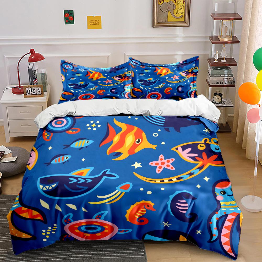 Cartoon underwater animals design Bedding Set for Kids Luxury Gift 3pcs Digital Print Comforter Set Soft Comfortable Breathable