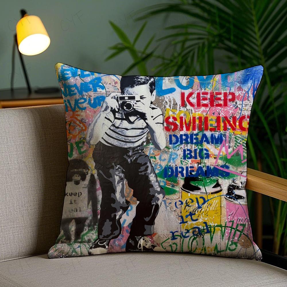 Banksy Street Graffiti Art Pillow Case Anti-Dustmite Pillowcase Invisible Zipper Silky Short Plush Sofa Cushion Cover