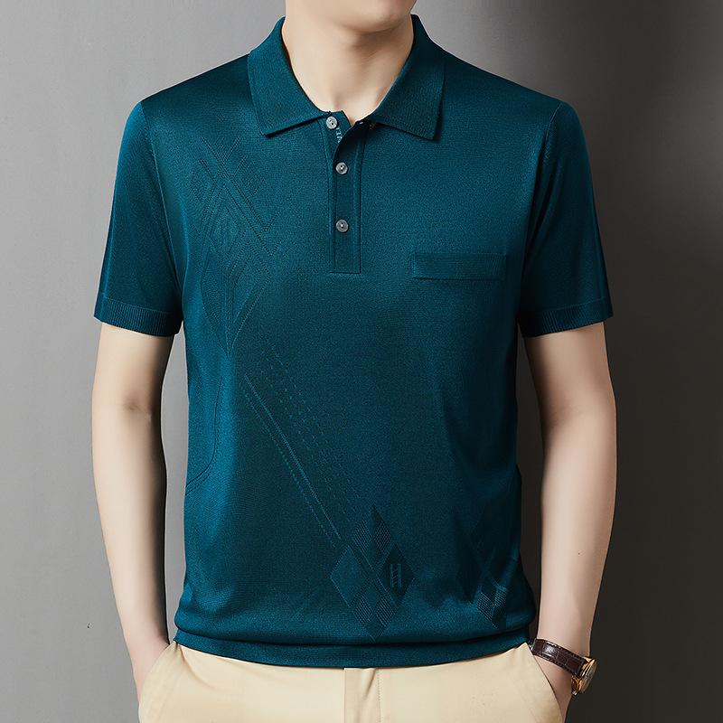 Ice Silk Short Sleeve T-Shirt Men'S Thin Solid Color Medium Casual Lapel Men'S Polo