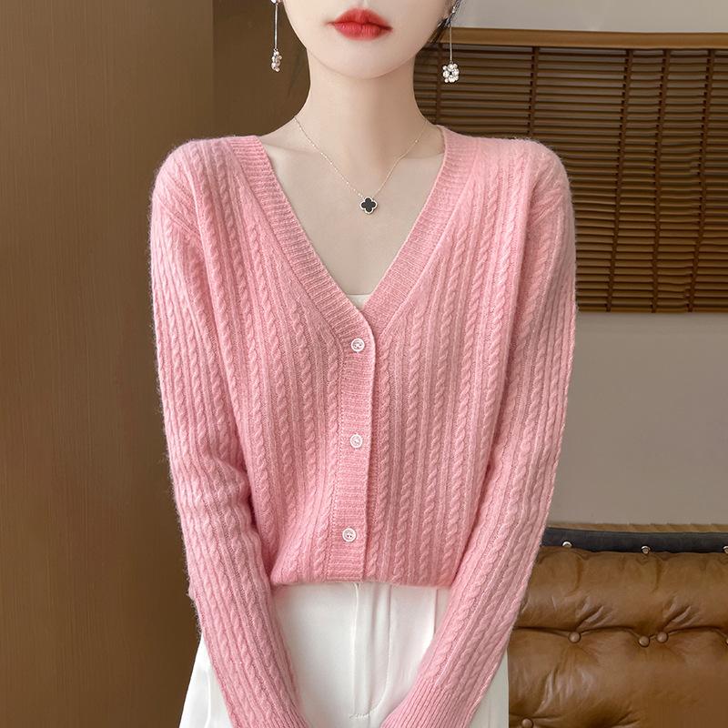 Niche V-neck twist knitted cardigan women's short jacket long-sleeved sweater loose and thin top