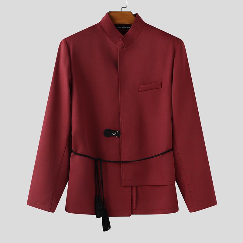 

INCERUN Men Stand Neck Long Sleeve One Buttons Irregular Thin Blazer Coats 3XL вино красного