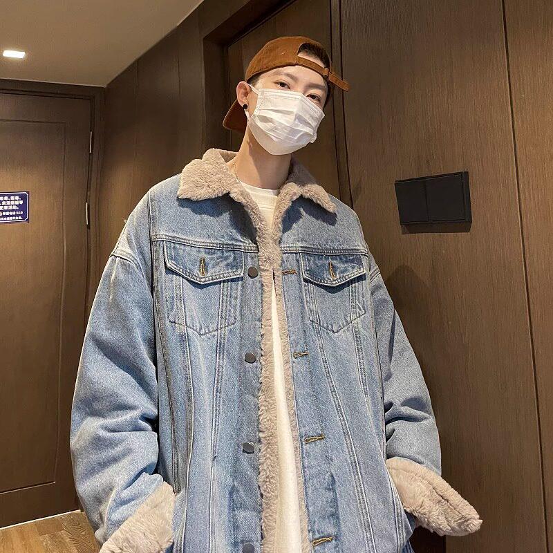 Men's Korean Style Winter Lambswool Denim Jacket - Fleece Lined, Thick Cotton Coat.